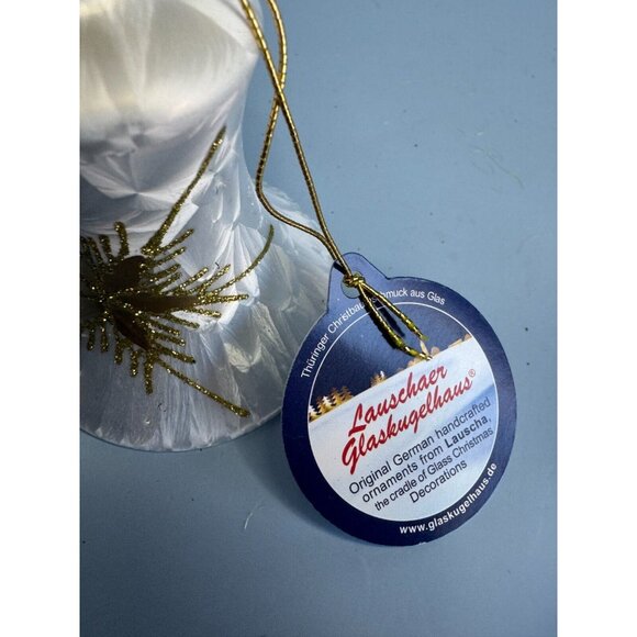 Lauscha Glassworks White Pearly Blown Glass Gold Trim Bell Ornament Germany - Picture 6 of 6